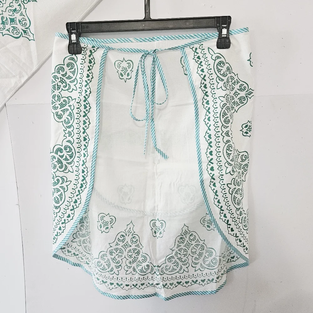 VTG Cotton Kitchen Apron & Bandana Set Blue Green Teal Swirled Design Pattern. - Picture 13 of 16